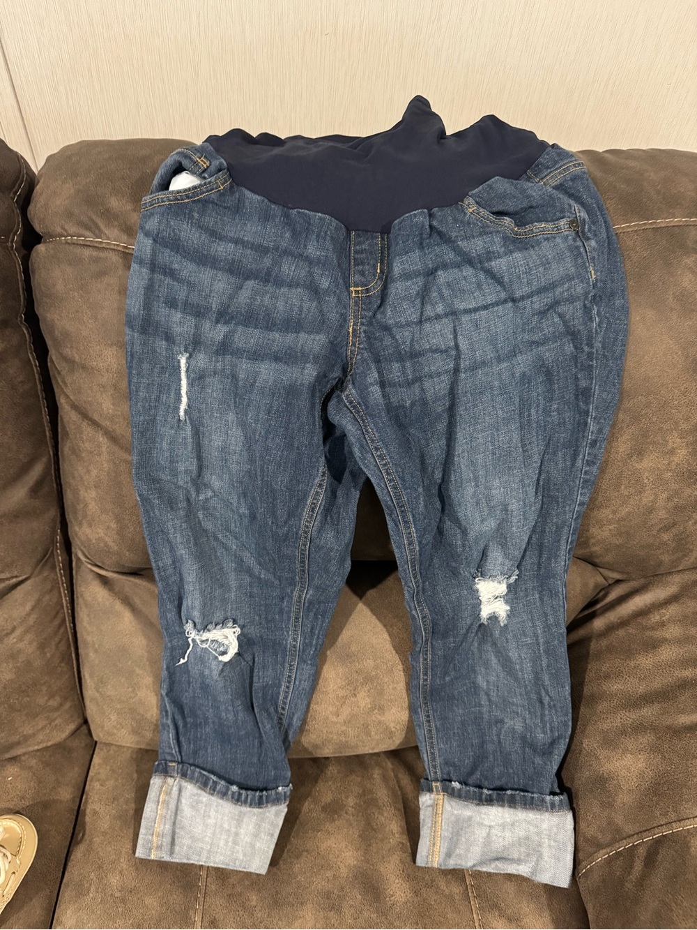 Pregnant Indigo Blue Distressed Pants- Navy-Belly Boyfriend Jeans